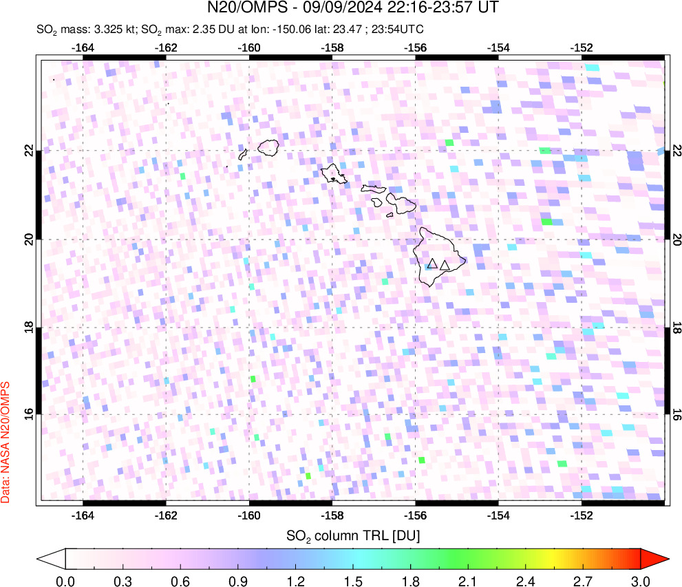 A sulfur dioxide image over Hawaii, USA on Sep 09, 2024.