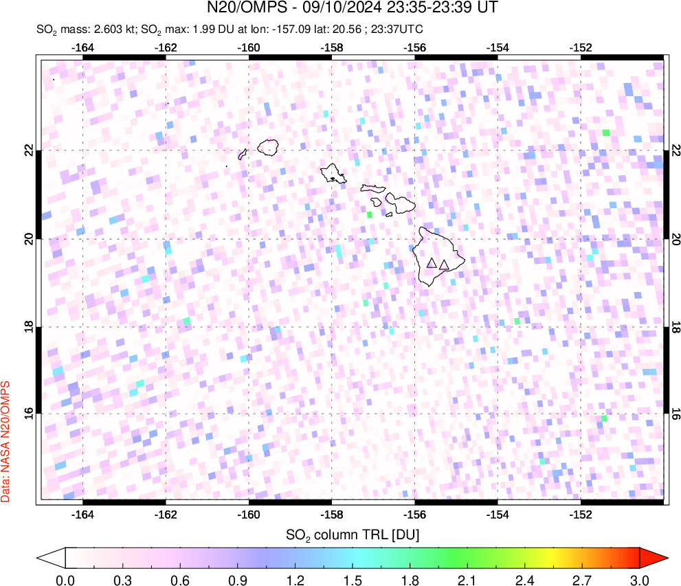 A sulfur dioxide image over Hawaii, USA on Sep 10, 2024.