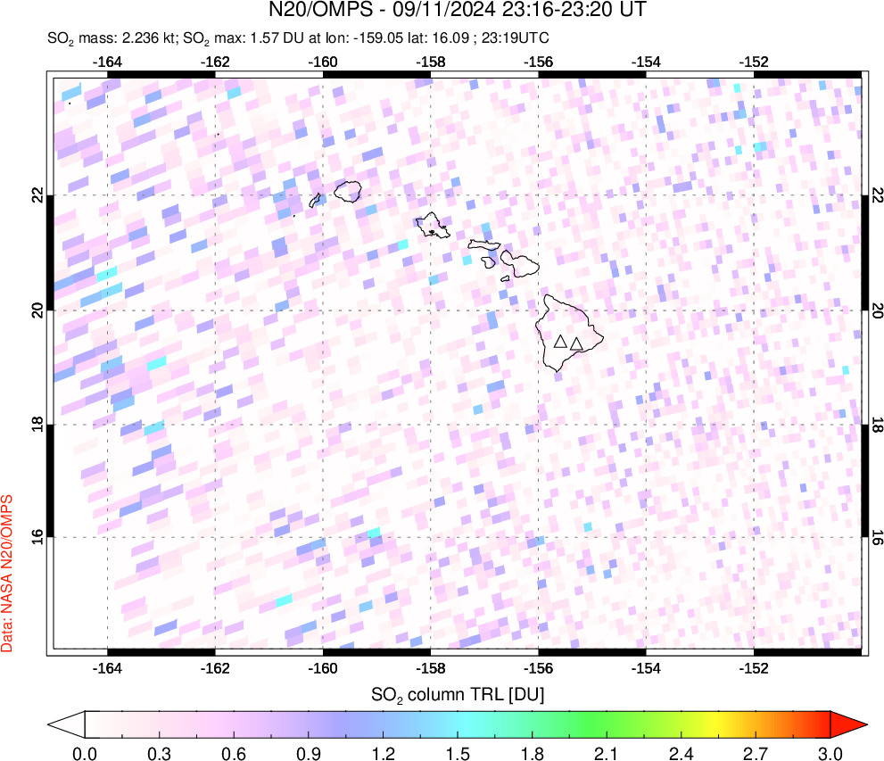 A sulfur dioxide image over Hawaii, USA on Sep 11, 2024.