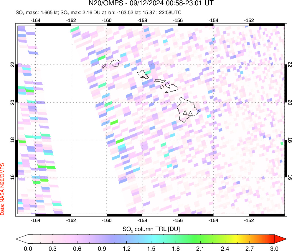 A sulfur dioxide image over Hawaii, USA on Sep 12, 2024.