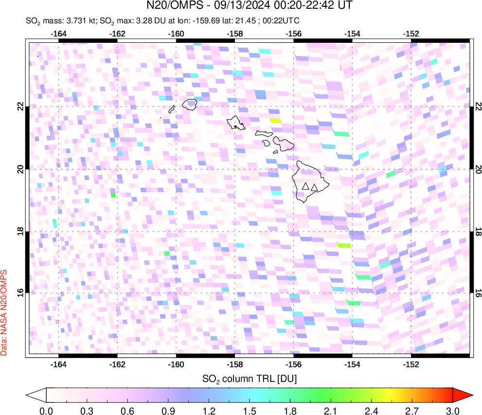 A sulfur dioxide image over Hawaii, USA on Sep 13, 2024.