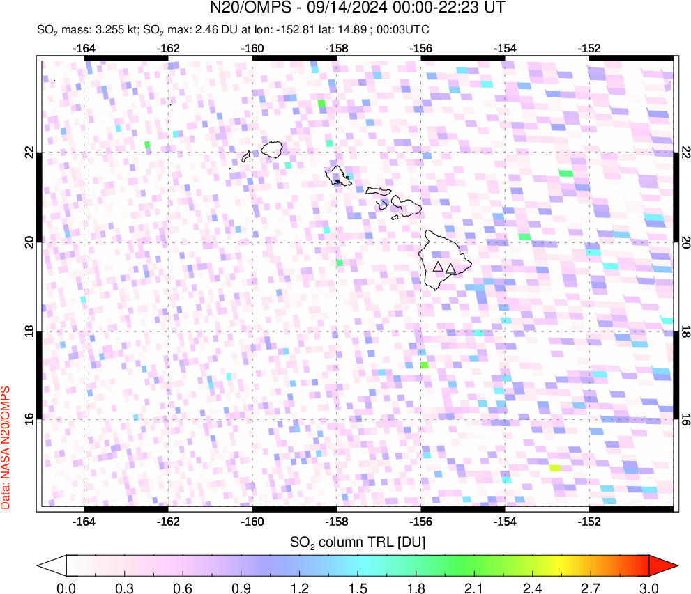 A sulfur dioxide image over Hawaii, USA on Sep 14, 2024.