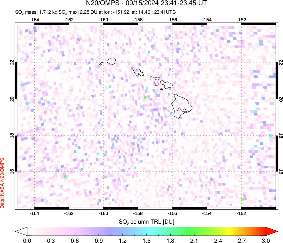 A sulfur dioxide image over Hawaii, USA on Sep 15, 2024.