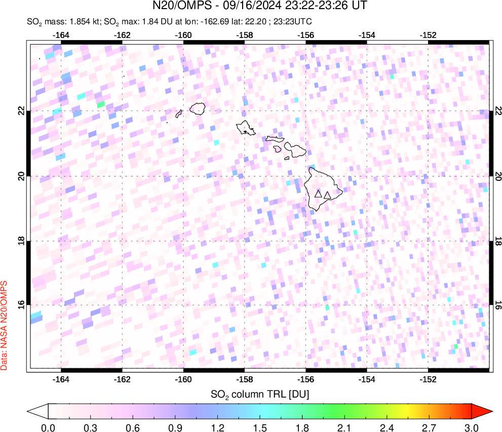 A sulfur dioxide image over Hawaii, USA on Sep 16, 2024.