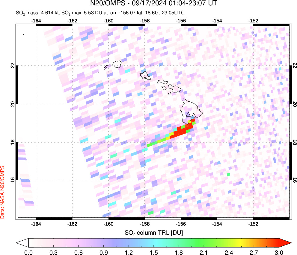 A sulfur dioxide image over Hawaii, USA on Sep 17, 2024.