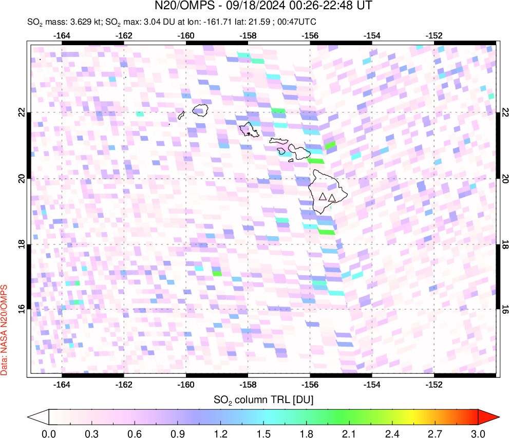 A sulfur dioxide image over Hawaii, USA on Sep 18, 2024.