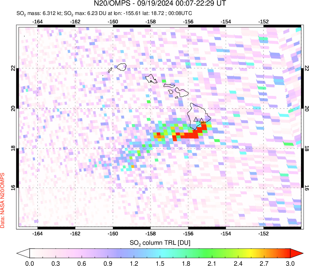 A sulfur dioxide image over Hawaii, USA on Sep 19, 2024.