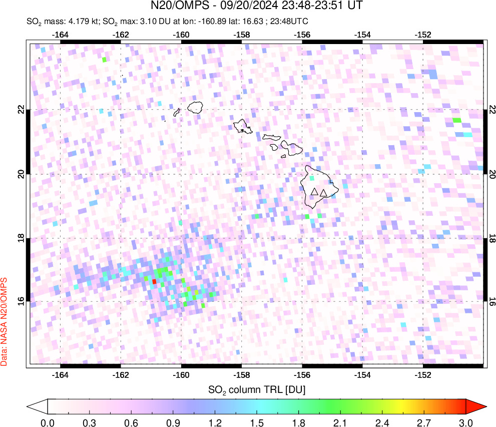 A sulfur dioxide image over Hawaii, USA on Sep 20, 2024.