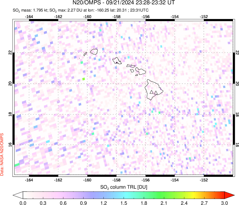 A sulfur dioxide image over Hawaii, USA on Sep 21, 2024.