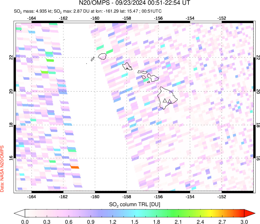 A sulfur dioxide image over Hawaii, USA on Sep 23, 2024.