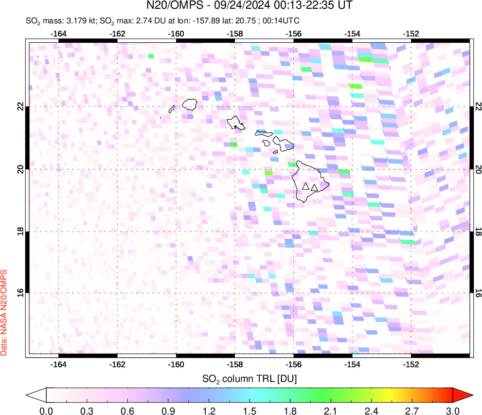 A sulfur dioxide image over Hawaii, USA on Sep 24, 2024.