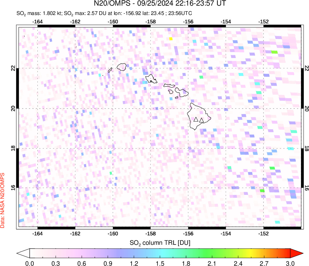 A sulfur dioxide image over Hawaii, USA on Sep 25, 2024.