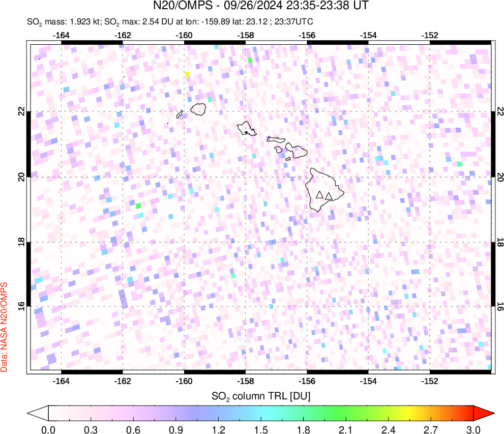 A sulfur dioxide image over Hawaii, USA on Sep 26, 2024.