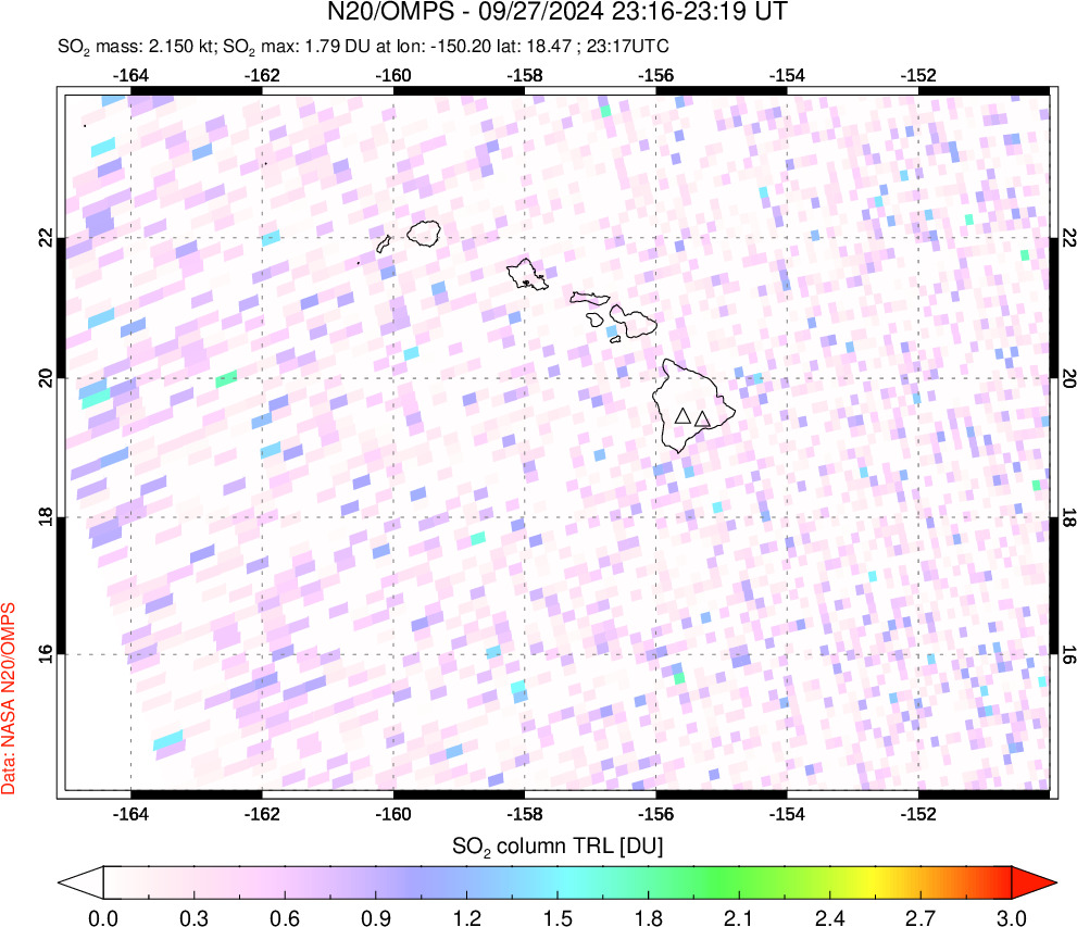 A sulfur dioxide image over Hawaii, USA on Sep 27, 2024.