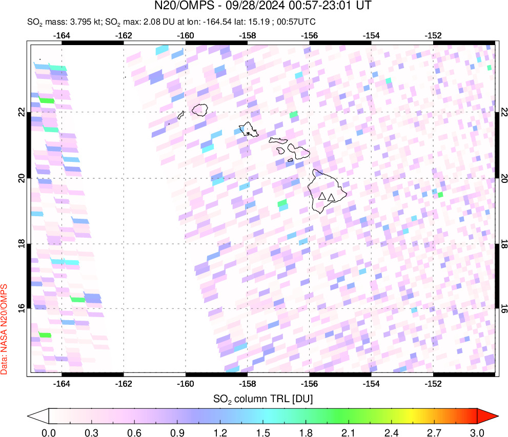 A sulfur dioxide image over Hawaii, USA on Sep 28, 2024.