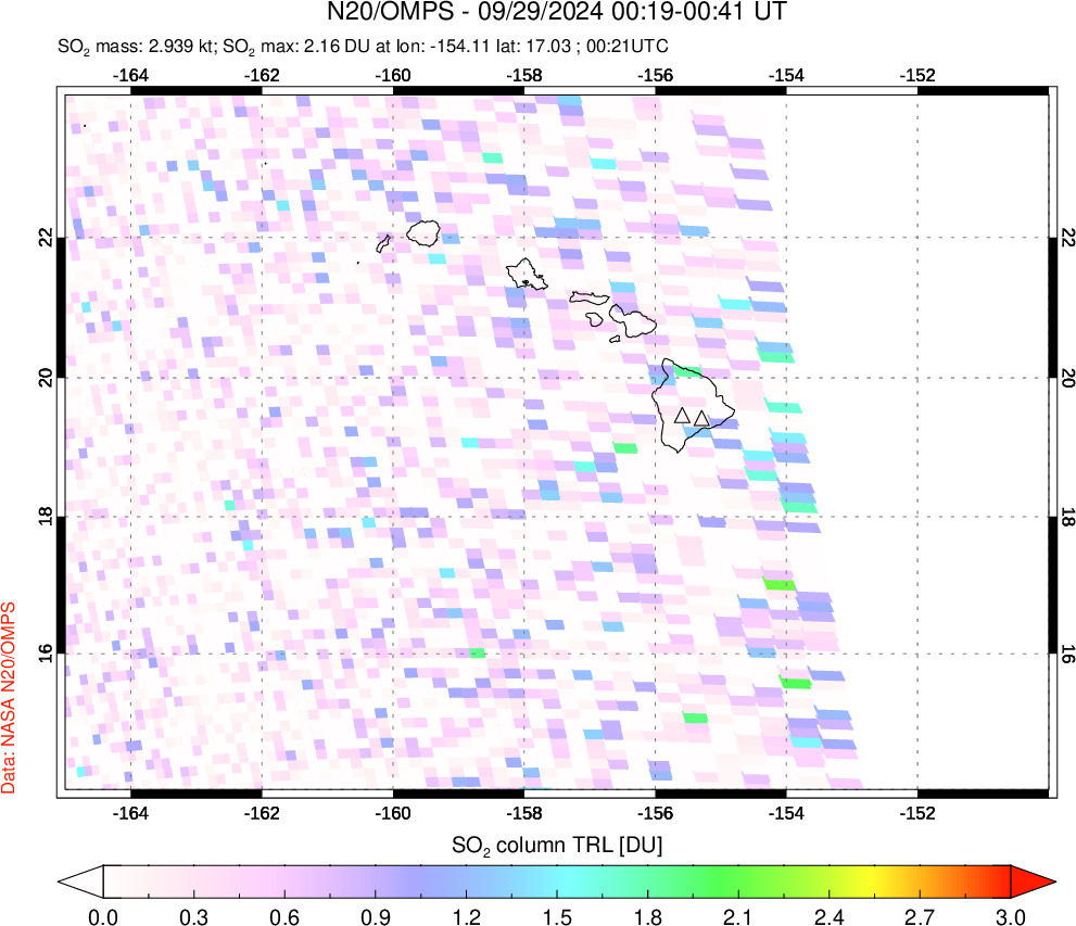 A sulfur dioxide image over Hawaii, USA on Sep 29, 2024.