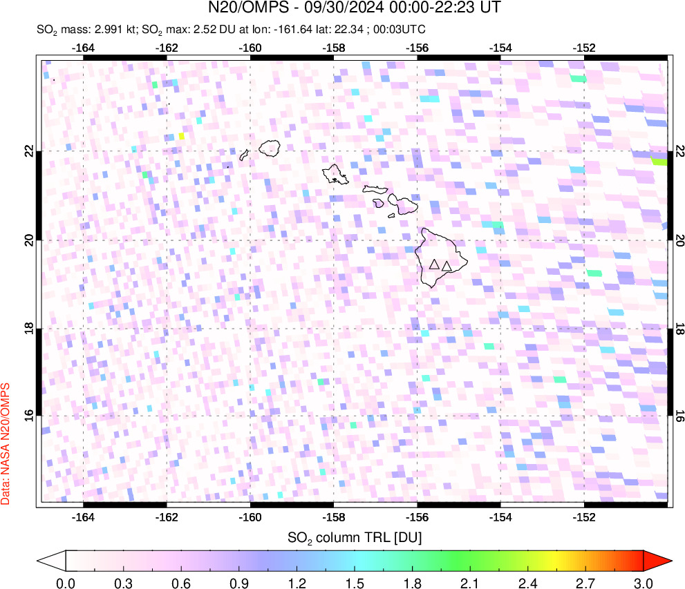 A sulfur dioxide image over Hawaii, USA on Sep 30, 2024.