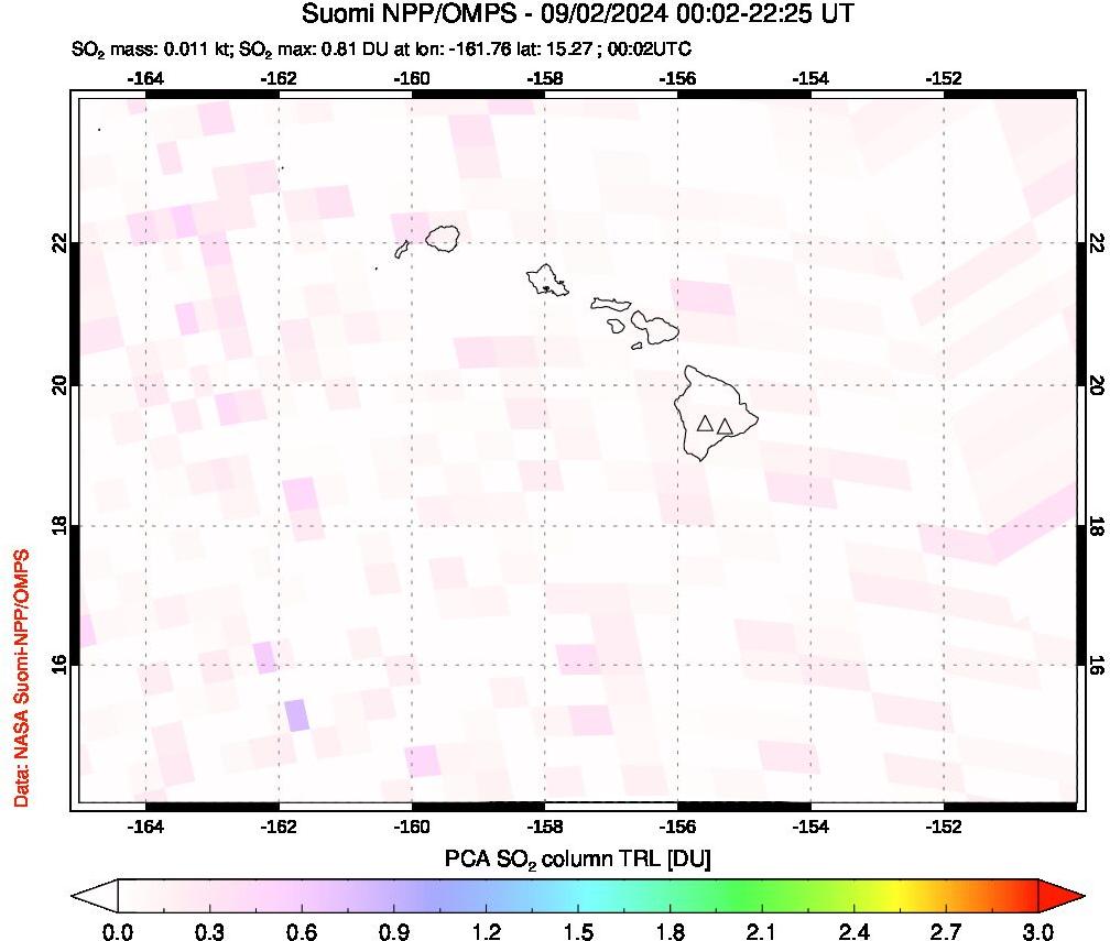 A sulfur dioxide image over Hawaii, USA on Sep 02, 2024.