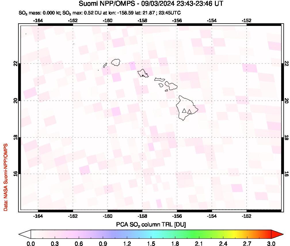 A sulfur dioxide image over Hawaii, USA on Sep 03, 2024.