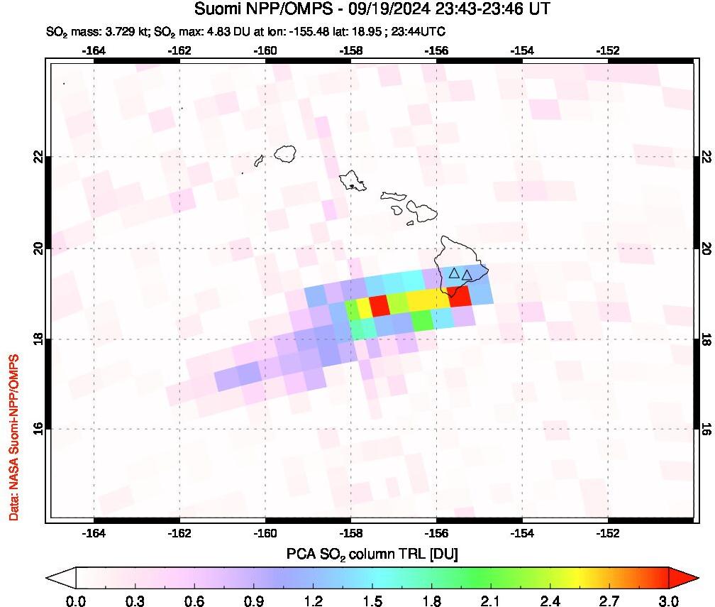 A sulfur dioxide image over Hawaii, USA on Sep 19, 2024.