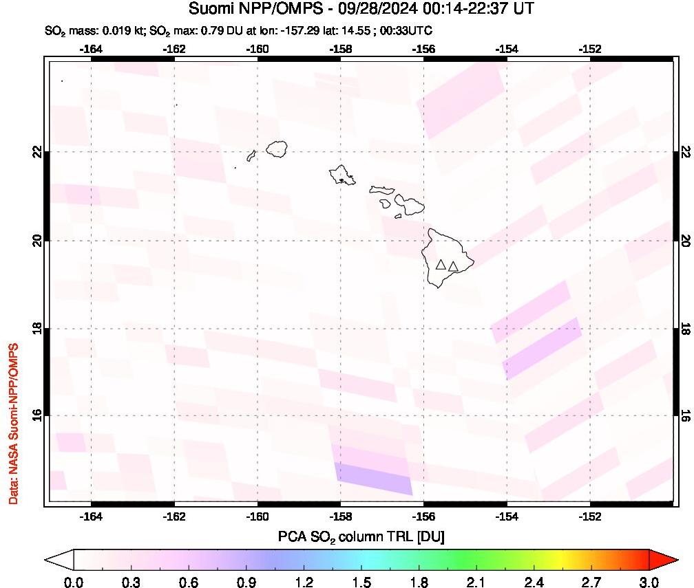 A sulfur dioxide image over Hawaii, USA on Sep 28, 2024.