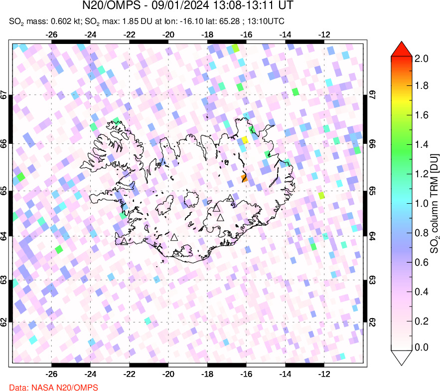 A sulfur dioxide image over Iceland on Sep 01, 2024.