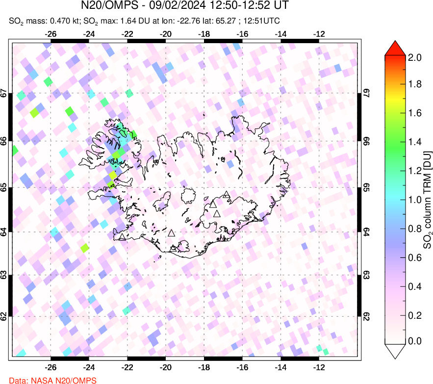 A sulfur dioxide image over Iceland on Sep 02, 2024.