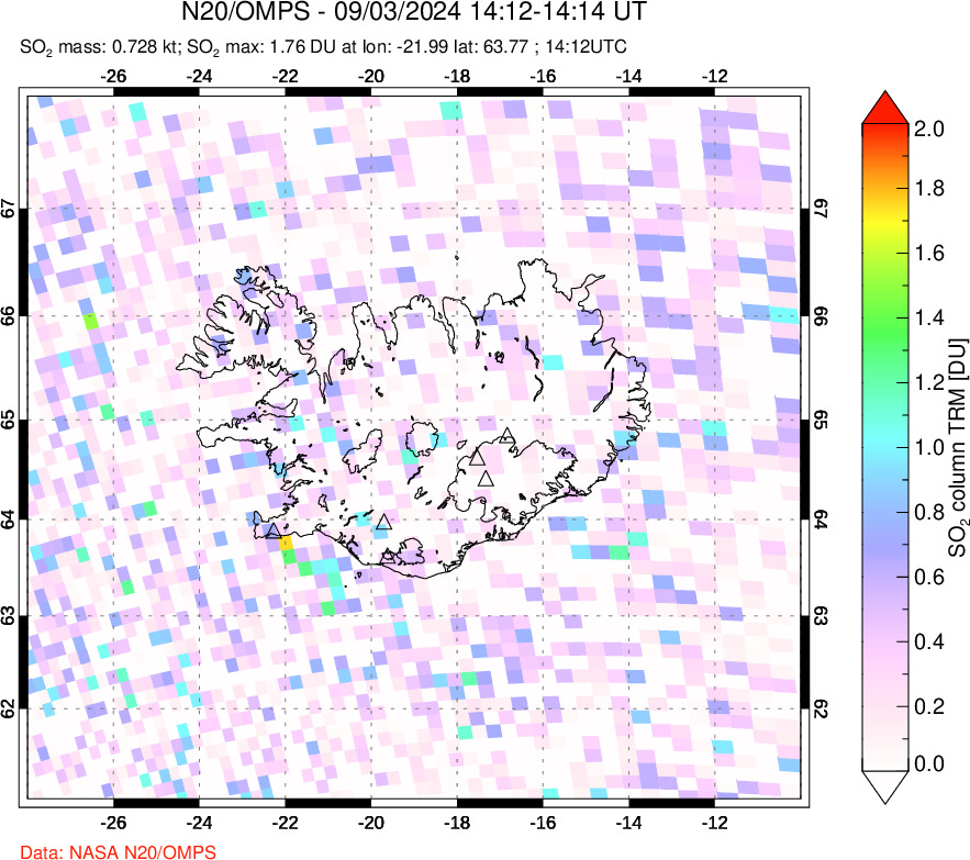 A sulfur dioxide image over Iceland on Sep 03, 2024.