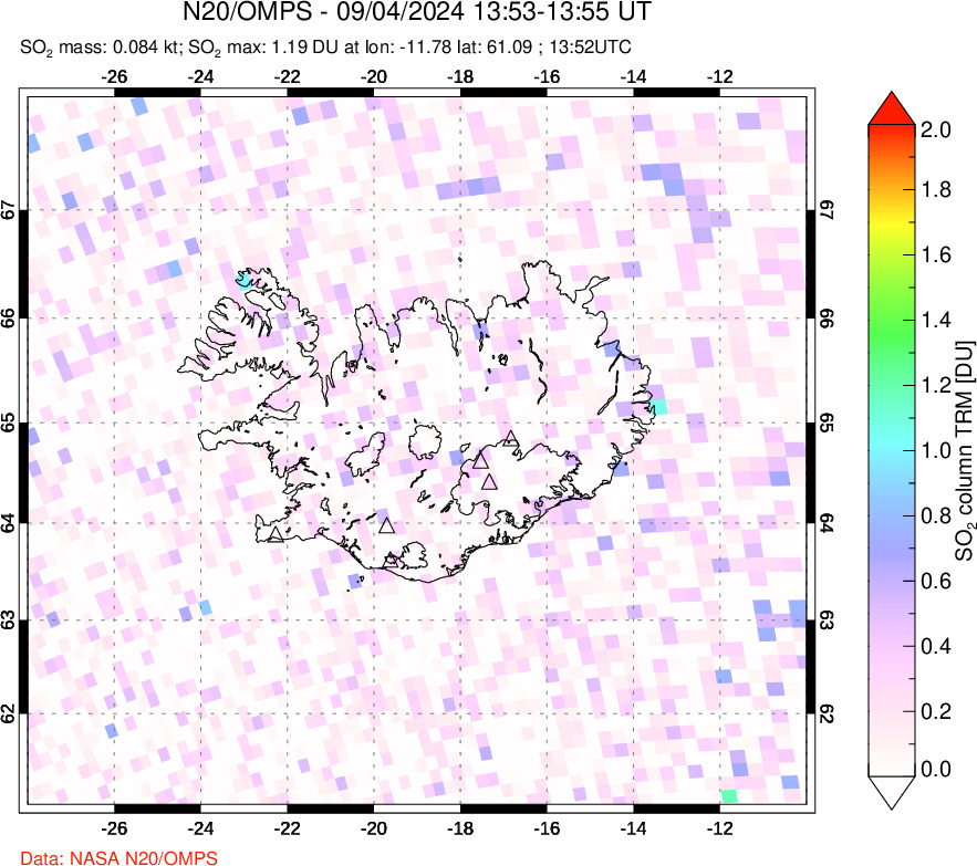 A sulfur dioxide image over Iceland on Sep 04, 2024.