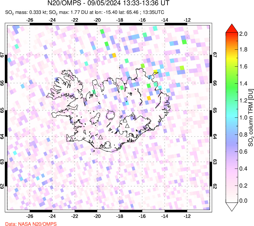 A sulfur dioxide image over Iceland on Sep 05, 2024.