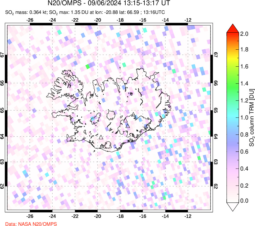 A sulfur dioxide image over Iceland on Sep 06, 2024.