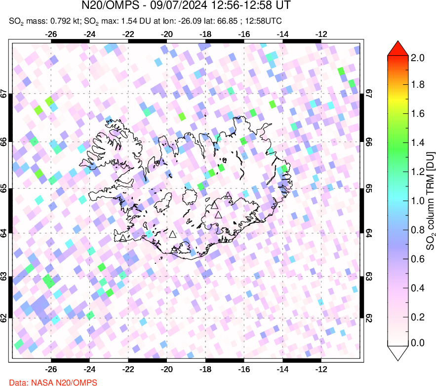 A sulfur dioxide image over Iceland on Sep 07, 2024.