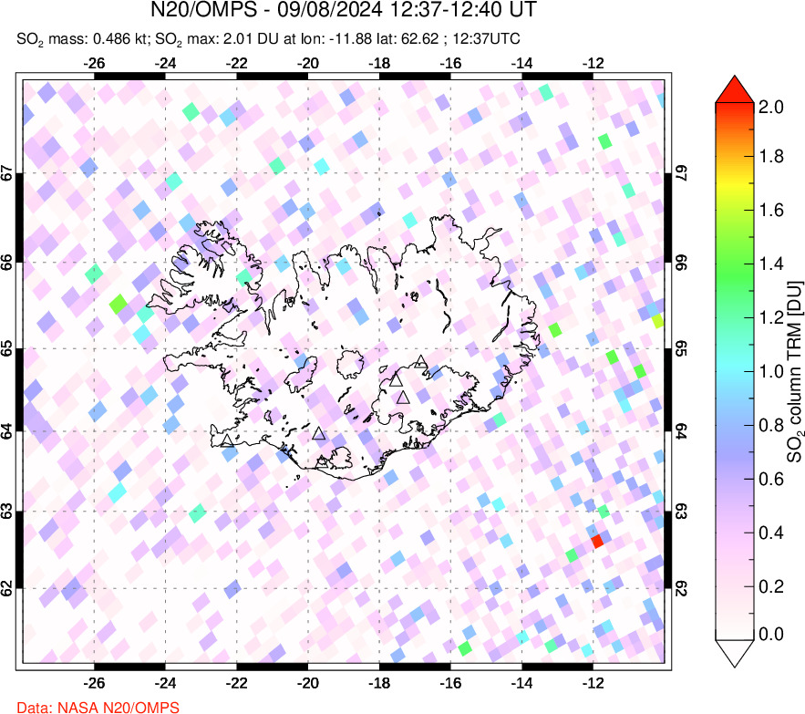 A sulfur dioxide image over Iceland on Sep 08, 2024.