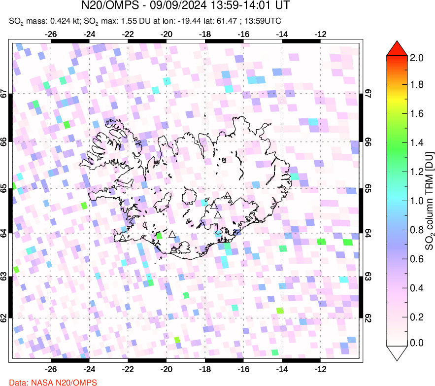 A sulfur dioxide image over Iceland on Sep 09, 2024.