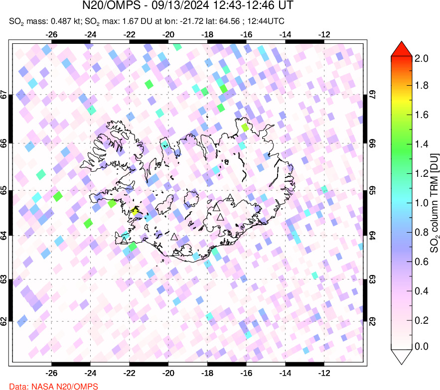 A sulfur dioxide image over Iceland on Sep 13, 2024.