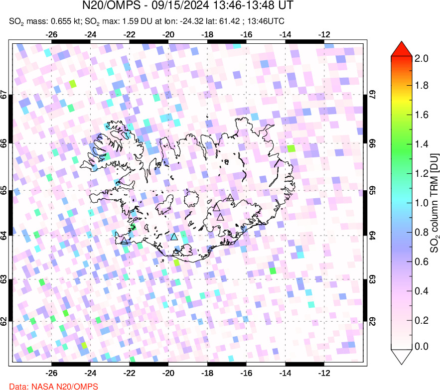 A sulfur dioxide image over Iceland on Sep 15, 2024.