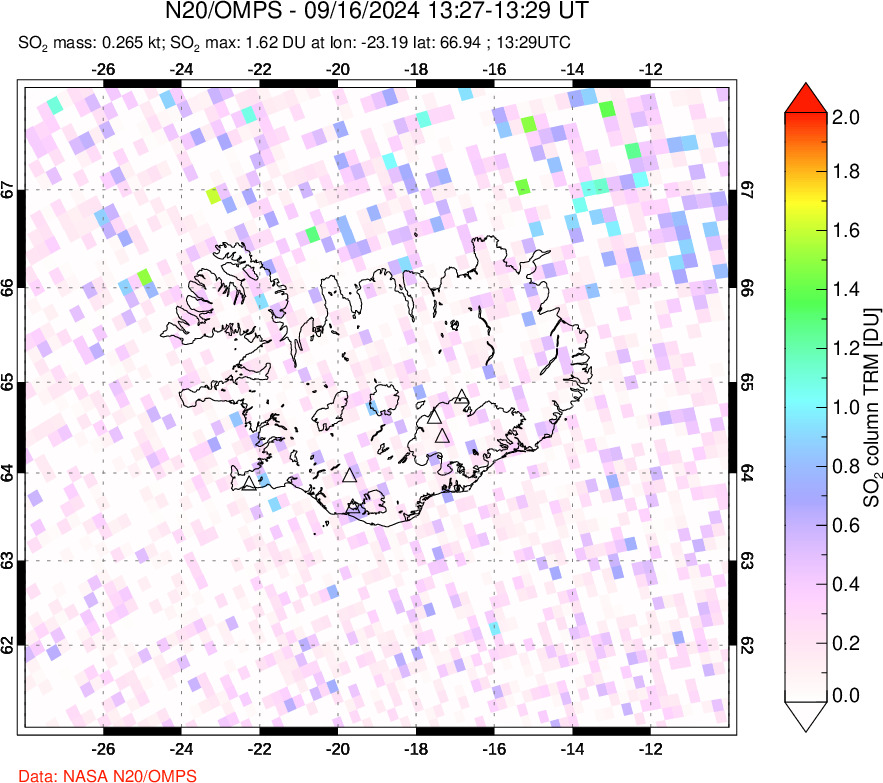 A sulfur dioxide image over Iceland on Sep 16, 2024.