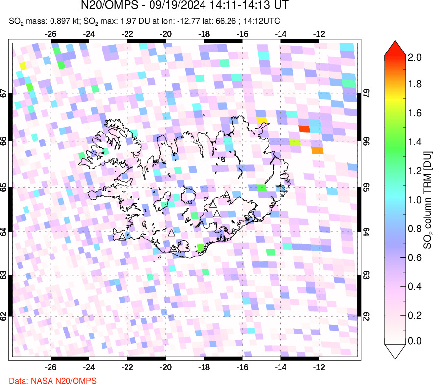 A sulfur dioxide image over Iceland on Sep 19, 2024.