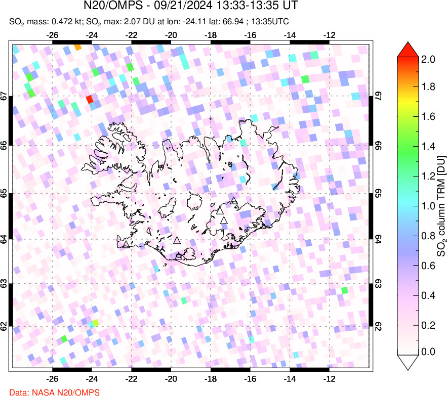 A sulfur dioxide image over Iceland on Sep 21, 2024.