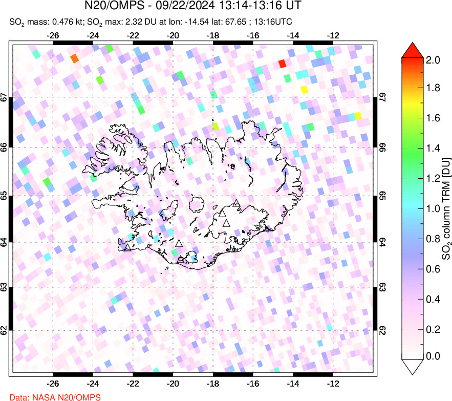 A sulfur dioxide image over Iceland on Sep 22, 2024.