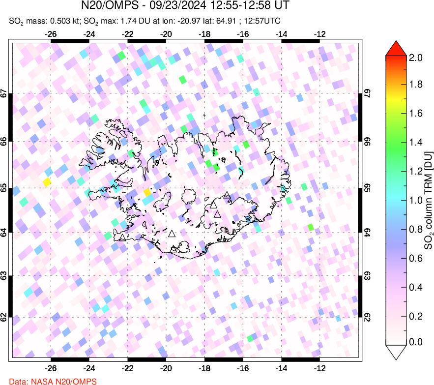 A sulfur dioxide image over Iceland on Sep 23, 2024.