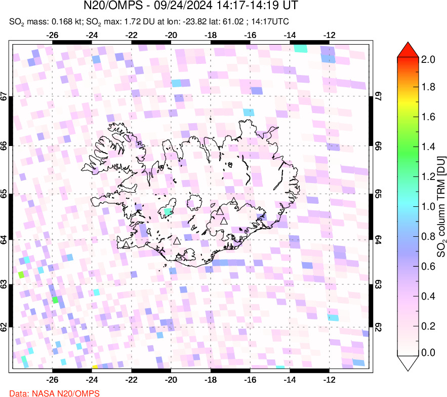 A sulfur dioxide image over Iceland on Sep 24, 2024.