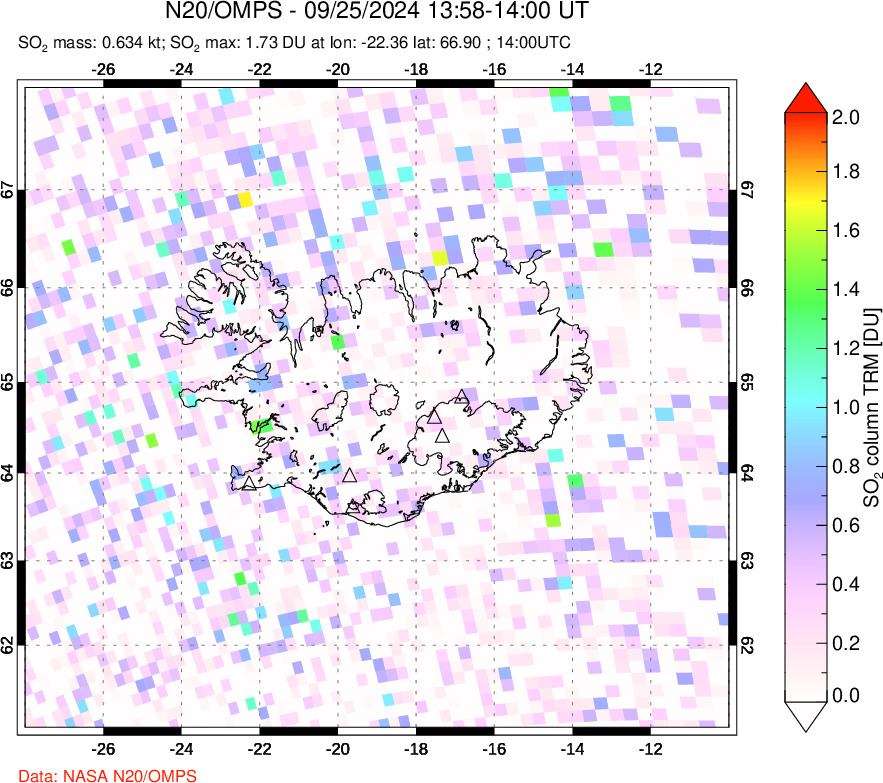 A sulfur dioxide image over Iceland on Sep 25, 2024.