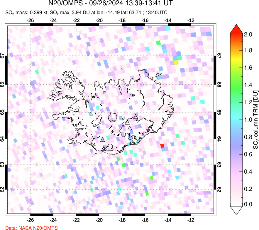 A sulfur dioxide image over Iceland on Sep 26, 2024.