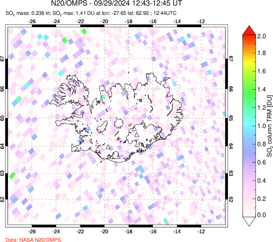 A sulfur dioxide image over Iceland on Sep 29, 2024.