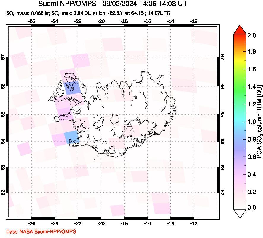 A sulfur dioxide image over Iceland on Sep 02, 2024.