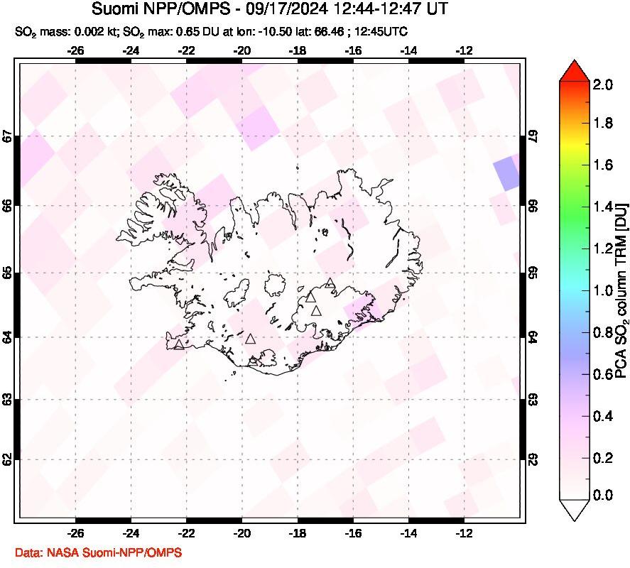 A sulfur dioxide image over Iceland on Sep 17, 2024.