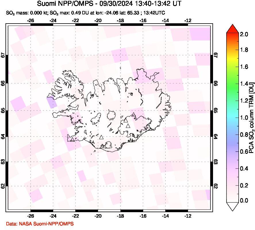 A sulfur dioxide image over Iceland on Sep 30, 2024.