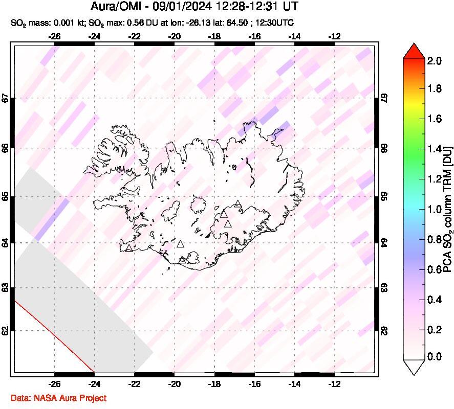 A sulfur dioxide image over Iceland on Sep 01, 2024.