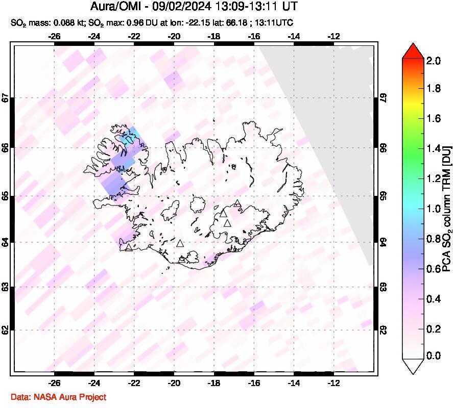 A sulfur dioxide image over Iceland on Sep 02, 2024.